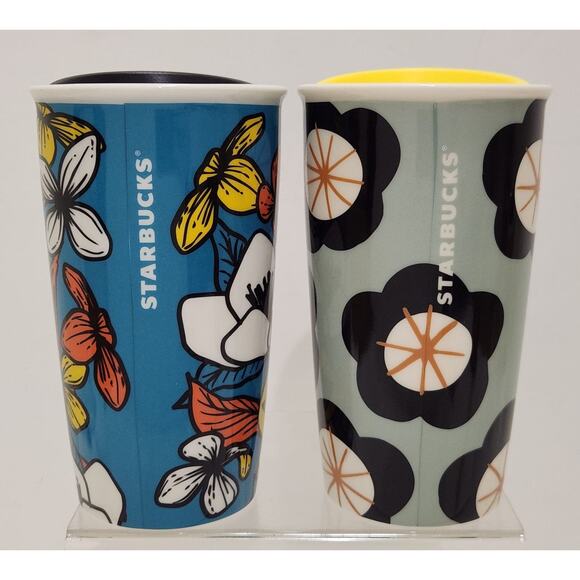 Starbucks Ceramic Tumblers 2019 Teal Poppy Flowers & Spring Black Floral Set Of - Picture 1 of 11